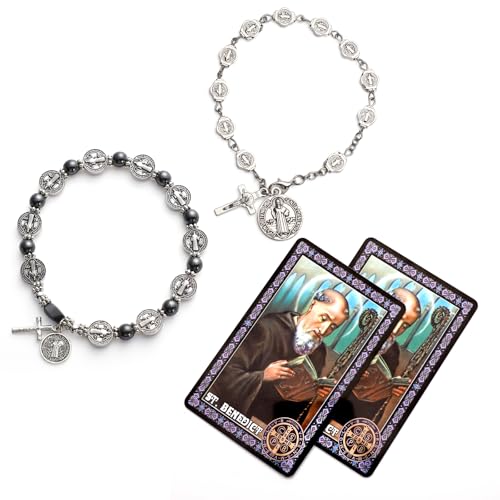 Brilucky 2 Sets St Benedict Bracelets with Saint Benedict Medals and Crucifix Catholic Rosary Bracelet with San Benito Prayer Card for Women Men Gift Medalla De San Benito Rosary Jewelry