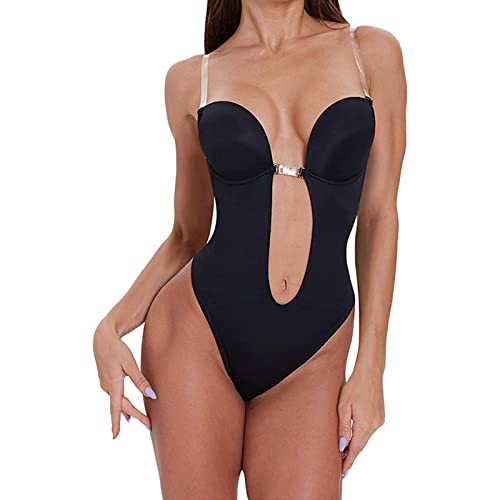 Kmgjc Body De Tirantes Transparentes con Cuello En V Pronunciado para Mujer Ropa Interior Nupcial Sin Espalda Ropa Interior Moldeadora De Cuerpo para Fiesta/Boda Vestidos Sin Espalda,Negro,M