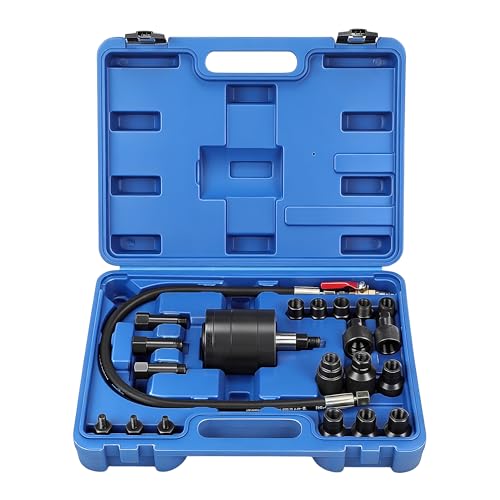 Abliseoum Pneumatic Injector Puller Set for Diesel Engines 23 pcs 5-8 Bar Air Vibration Injector Removal Tool Kit with Extractor Hammer 19 Adapters Extension Hose and EU US Connectors