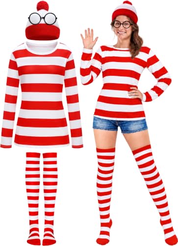 Snwquik 4 PCS Halloween Costumes for Women Adult,Red White Shirt Set