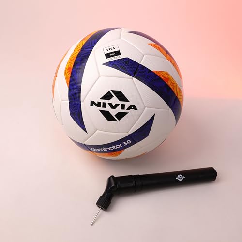 Image of Nivia Dominator 3.0 Football with Ball Pump, Match Ball, 32 Panels, Durable & Soft PU Leather, FIFA Basic, to Play on Both Natural and Artificial Grass (Size - 5, Multicolor)