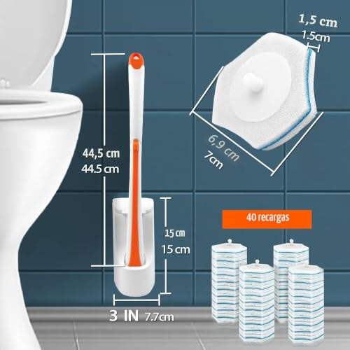 Miniatura 6 de Jehonn Escobilla Baño Desechable Wc, Cepillo Para Inodoro Con 40 Rellenos De Detergente, Toilet Brush Mango Largo Montado En La Pared, Adecuado Para Piscina Fregona Lavabo