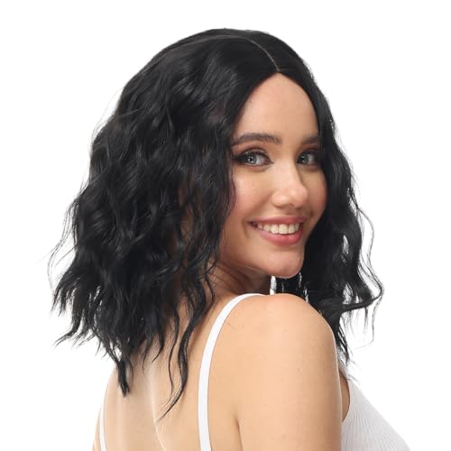 Image of Rose bud Wavy Bob Wig Natural Wig Natural Black Synthetic Hair Shoulder Length Short Curly Middle Part Lace Front Wigs for Women