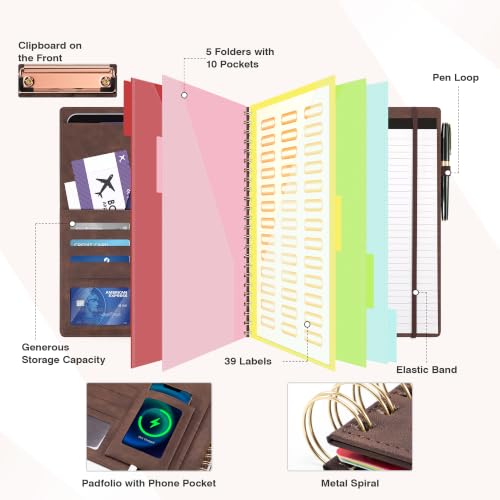 Image of Clipboard with Storage for Men Women, Leather Padfolio Portfolio Organizer 5 Folders with 10 Pockets, Spiral Clipboard Folio with Notepad for Letter Size, Elastic Closure and Pen Loop Brown
