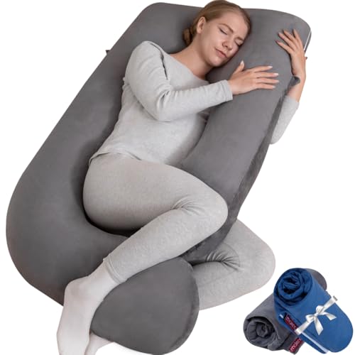 malena life G-Shaped Pregnancy Pillow Comes with 2 Removable Covers | 50-inch Ergonomic Full Body Pillow for Sleeping, Maternity Support, & Post-Surgery Recovery - Grey Velvet & Blue Cotton
