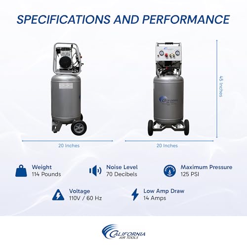 California Air Tools 20020 2.0 HP Ultra Quiet and Oil-Free Air Compressor with Wheels, 20 Gallon Tank Capacity, 70 dB Noise Level, Electric, Portable