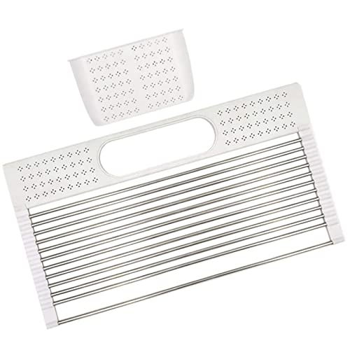 LYNDMBD Escurridor de Platos sobre el Fregadero, Grande, Enrollable, de Acero Inoxidable, con Soporte para Utensilios, escurridor de Cocina