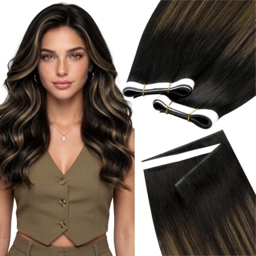 Image of LaaVoo Human Hair Tape in Weft Extensions Balayage Brown Hair Extensions Tape Weft Human Hair Invisble Tape ins Hair Extension Ombre Brown to Light Brown 20inch 50G