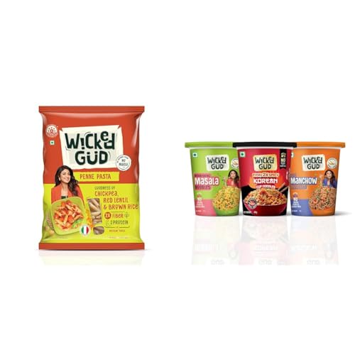 Image of WickedGud 2X Fiber Penne Pasta | No Maida | Durum Wheat Semolina | Brown Rice | Red Lentils | + WickedGud Cup Noodles Variety Pack of 3 | Fiery Korean | Masala | Manchow | High Fiber | Source