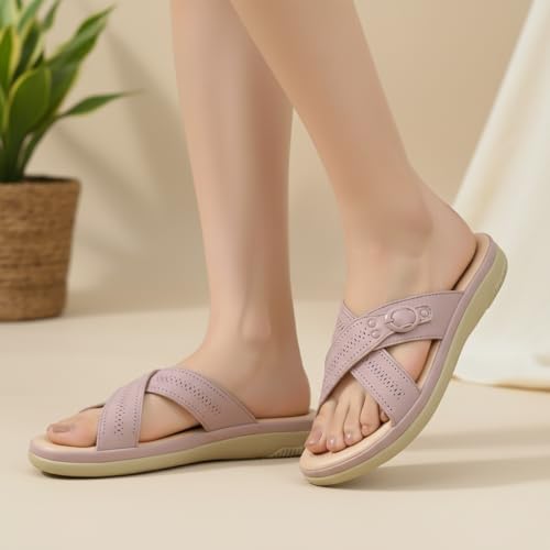 Image of SELBRO Women's Comfort Slip-On Sandals - Lightweight Criss-Cross Strap Flats with Laser-Cut Detail and Cushioned Footbed - Stylish Everyday Walking Flats SAR-CHD126