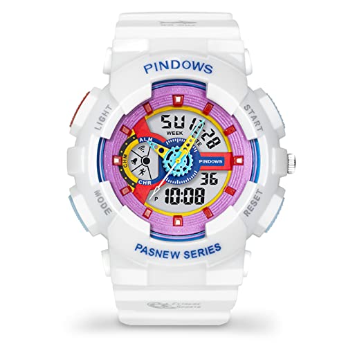 PINDOWS Women's Sports Digital Watch, Waterproof Stopwatch with Dual Display LED Colorful Lights, Alarm Electronic Watch (White)