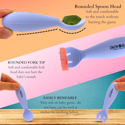 Image of Baby Weaning Spoon & Fork Set, Chewable Silicone Utensils for Training Infants, Baby Led Self Feeding, 6 M+| Gum Friendly, BPA Free, Dishwasher Safe, Unbreakable, 1 Pair, Purple
