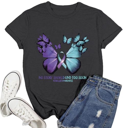Women Suicide Awareness Shirts Suicide Prevention T-Shirt Teal Purple Ribbon Tee Tops