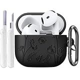 Compatible with Airpods 4 Case, 3D Floral Embossed Soft Silicone Shockproof Protective Airpod 4th Generation Cases Cover with Keychain for Women (Black)