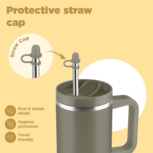 Image of MILTON Malmo 1200 Thermosteel Double Wall Vacuum Insulated Stainless Steel Water Tumbler with Handle 1100ml,Travel Mug with Straw,Silicon Cap,Cleaning Brush,Hot & Cold Beverage Flask,Olive Green