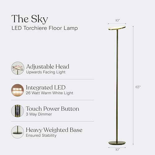 Image of Brightech Sky LED Floor lamp, Torchiere Super Bright Floor Lamp for Living Room Decor & Office - Dimmable, Tall Standing Lamp with Warm Light for Bedroom & Reading - Olive Green