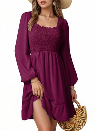 Dokotoo Women's Fall Smocked Mini Dress Square Neck Long Lanter Sleeve Casual Ruffle Swing Boho Beach Dresses Flowy Loose Babydoll Lace Dress Purple Large