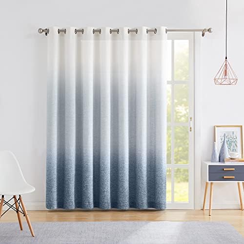 Ombre Semi Sheer Window Door Curtain 100" Extra Wide Linen Ombre Gradient Print on Rayon Blend Fabric Treatment for Sliding Patio Door with 14 Grommets, Cream White to Indigo Blue, 100" x 95", 1 Panel