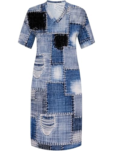 Image of SUZONANA Plus Size Denim Print Maxi Dresses for Women Casual V Neck Short Sleeve with Pockets Soft Jean Look Dress XL-6XL