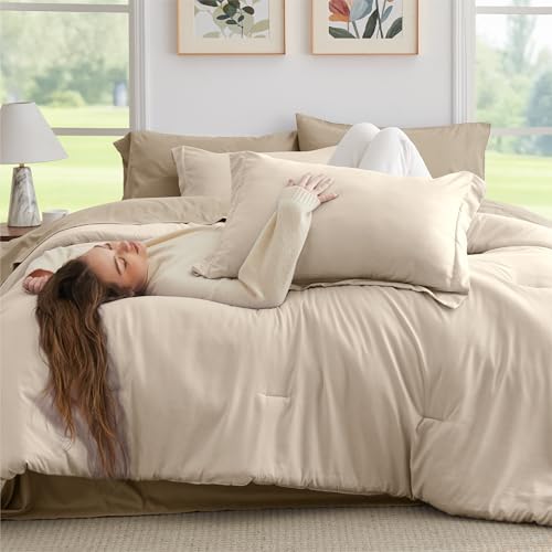 Image of Bedsure Queen Comforter Set - 7 Pieces Light Beige Queen Bedding Set for All Seasons, Boho Contrasting Design Bed in a Bag with Comforter, Sheets, Pillowcases & Shams