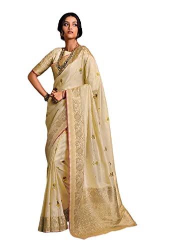 Sari indien de mariage crème en tissu pur avec chemisier traditionnel 3806