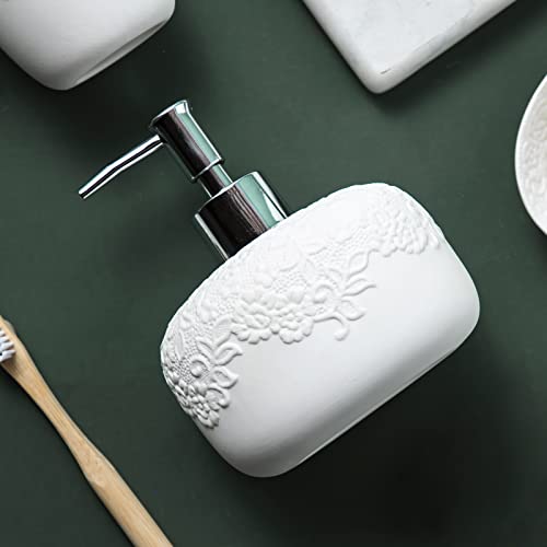 White Soap Dispenser, Ceramic Countertop Lotion Dispenser 14Oz With Embossed Design, Bathroom Refillable Lotion Bottle For Shower Soaps Shampoo Kitchen Organization, Antis's Home #TOP5
