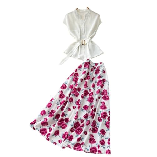 Ensemble haut et jupe midi en patchwork floral au design coréen raffiné