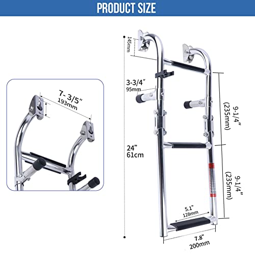 Marinebaby Stainless Steel Folding Boat Boarding Ladder for Pontoon,2+1 Steps Ladder Stern Mount W Rubber Grips,3 Steps Portable Folding Boat Ladder - Thumbnail 5