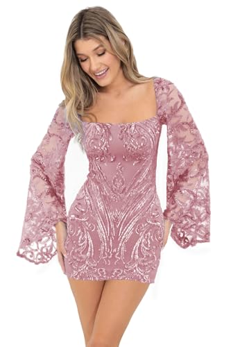 KDTM Long Sleeve Sequin Homecoming Dresses for Teens 2025 Sparkly Mini Bodycon Square Neck Formal Prom Cocktail Dress