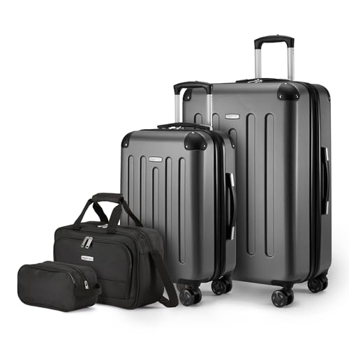 Amazon Basics 4-Piece Luggage Set Hardside Suitcases with Spinner Wheels (22 Carry On & 28 Checked) Tote Bag & Travel Bag Black