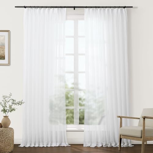 Image of TWOPAGES White Pinch Pleated Sheer Curtains, 26 inch W x 84 inch L, 2 Panels