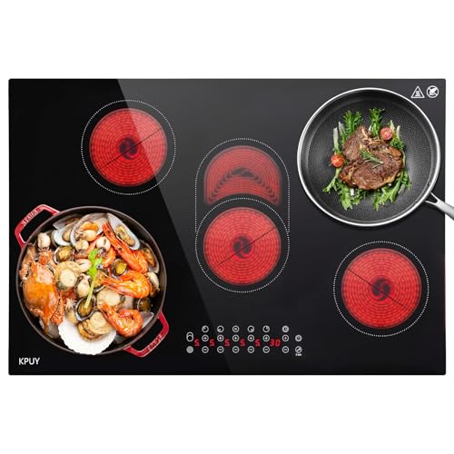 KPUY Electric Cooktop 30 Inch(220-240V for Hard Wire, No Plug), 8500W 5 Burner Built-in Countertop Burner, Sensor Touch, 9 Power Levels, Timer & Safety Lock, Over-Temperature Protection