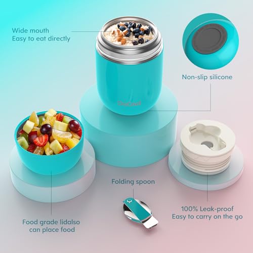 DaCool 2 Pack Food Thermo for Hot Food 16 OZ Insulated Food Jar Kids Adult Vacuum Stainless Steel Lunch Thermo Insulated Lunch Container for School Office Picnic Travel Outdoors,Black+Cyan Blue - Thumbnail 5