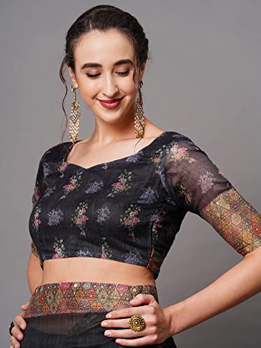Image of AKHILAM Women's Ikat Linen Saree With Blouse Piece