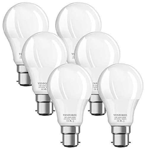 Venforze Lampadine a baionetta da 150 W, 15 W, A60 B22,1600 lm, 6000 K, GLS Frosted BC a risparmio energetico, non dimmerabili, confezione da 6