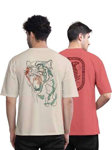 Image of BULLMER Trendy Front and Back Printed Oversized Round Neck T-Shirt for Men - Pack of 2