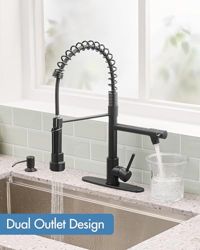 Image of AIMADI Black Kitchen Faucet with Pull Down Sprayer,Stainless Steel | Spring Kitchen Sink Faucet with Soap Dispenser,Modern Single Handle Faucets for Farmhouse,RV,1or 3 Hole