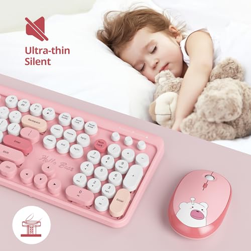 Image of Guffercty kred Gtsp Pink Typewriter Keyboard Wireless Mouse Combo, Cute Keyboard 2.4G Office Full-Sized Retro Keyboard With Round Keycaps For Laptop PC Desktops(Pink)
