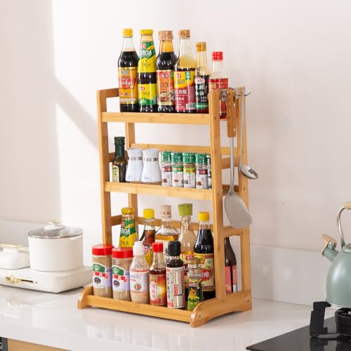 Image of HOKIPO 3 Tier Bamboo Spice Rack Organizer for Kitchen Platform Counter Top Rack Storage Shelf Stand (AR-5294)