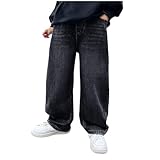 Baggy Jeans Jungen Straight Jeanshose Elastische Mit Taille Stretch Mode Denim Hosen Loose Fit Denim Vintage Hosen Lässige Weitem Bein Jeanshose Streetwear (11-12 Years)