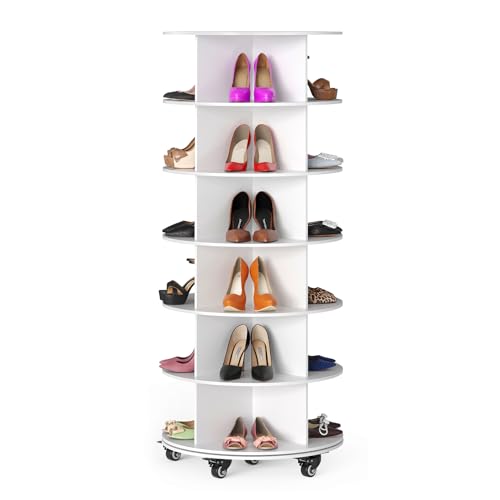 Image of SpaceAid Spinning Shoe Rack with Wheels, 6 Tier Rotating Organizer Shoe Tower Lazy Susan with Thick Bottom, 360 Display Revolving Storage Shelf, Round Circular Rotate Organization, White
