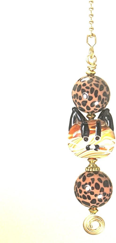 Loveable Tawny Amber Tabby Cat Animal Cheetah Leopard Print Lampwork Glass Light or Ceiling Fan Pull