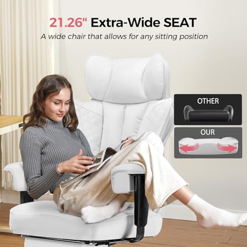 COMHOMA Big and Tall Office Chair 400LBS Wide Ergonomic Gaming Chair with Deluxe Embossing Designed Leather with Foot Rest,150°Reclining Adjustable Armrests Pocket Spring Back Support and Pillow