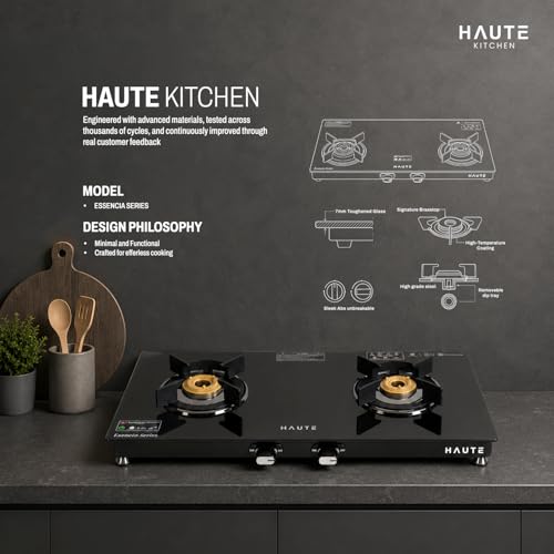 Image of Haute Kitchen Essencia 2 Burner Gas Stove | Manual Ignition | 7mm Toughened Glass | Metal Knobs | Door Step Service | 7 Years Glass Warranty & 2 Years Manufacturing Warranty