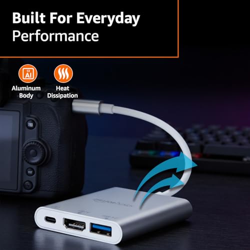 Image of Amazon Basics 3-in-1 USB Type C to HDMI Adapter 4K@30Hz, 100W PD Fast Charging Port, USB A 3.0 @5Gbps Speed, MultiPort HUB for MacBook Pro Air, Windows, Laptop, Tablet, Smartphone & All Type C Devices