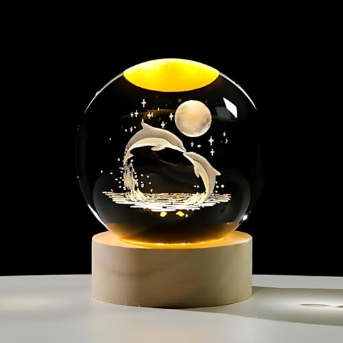 Image of 3D Crystal Ball Night Light with Wooden Base, Aesthetic Clear LED Lamp for Home and Bedroom Touch Switch, Warm Light for Kids and Teens Perfect Birthday & Anniversary (Dolphin Lamp)