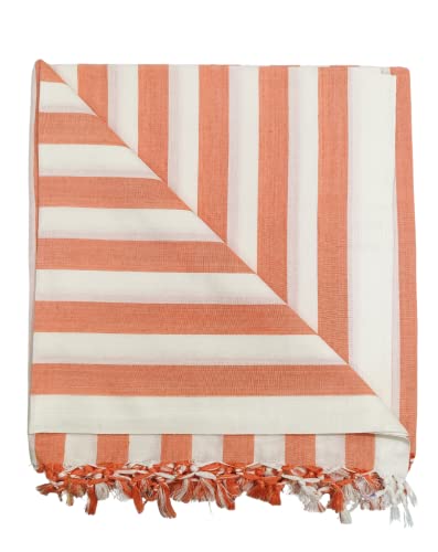 Image of Arvore Bunkaar Pure Handloom 100% Soft Desi Bamboo Viscose Soft Bhagalpuri Andi Chadar /Summer Blanket /Khes /Top Sheet /AC Blanket /Odhne wali Chadar (Orange White, Striped, 1, Bhagalpuri Chadar)