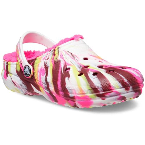 Image of Crocs Unisex-Child Kids' Classic Marbled Tie Dye Lined Clogs, Fuzzy Slippers, Electric Pink /Multi, 11 Little Kid