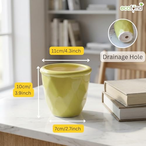 Image of ecofynd 4 Inch Ceramic Plant Pots with Drainage Hole, Modern Decorative Clay Flower Pots for Indoor Plants, Home Garden Decor for Living Room, Bedroom & Interior Spaces (CPOT043-LGN)
