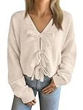 LILLUSORY Womens Cropped Cardigan Sweater Chunky Knit Tie Front Bow Fall Top V Neck Outfits Cute Cozy Clothes 2025 Trendy, Apricot, XL